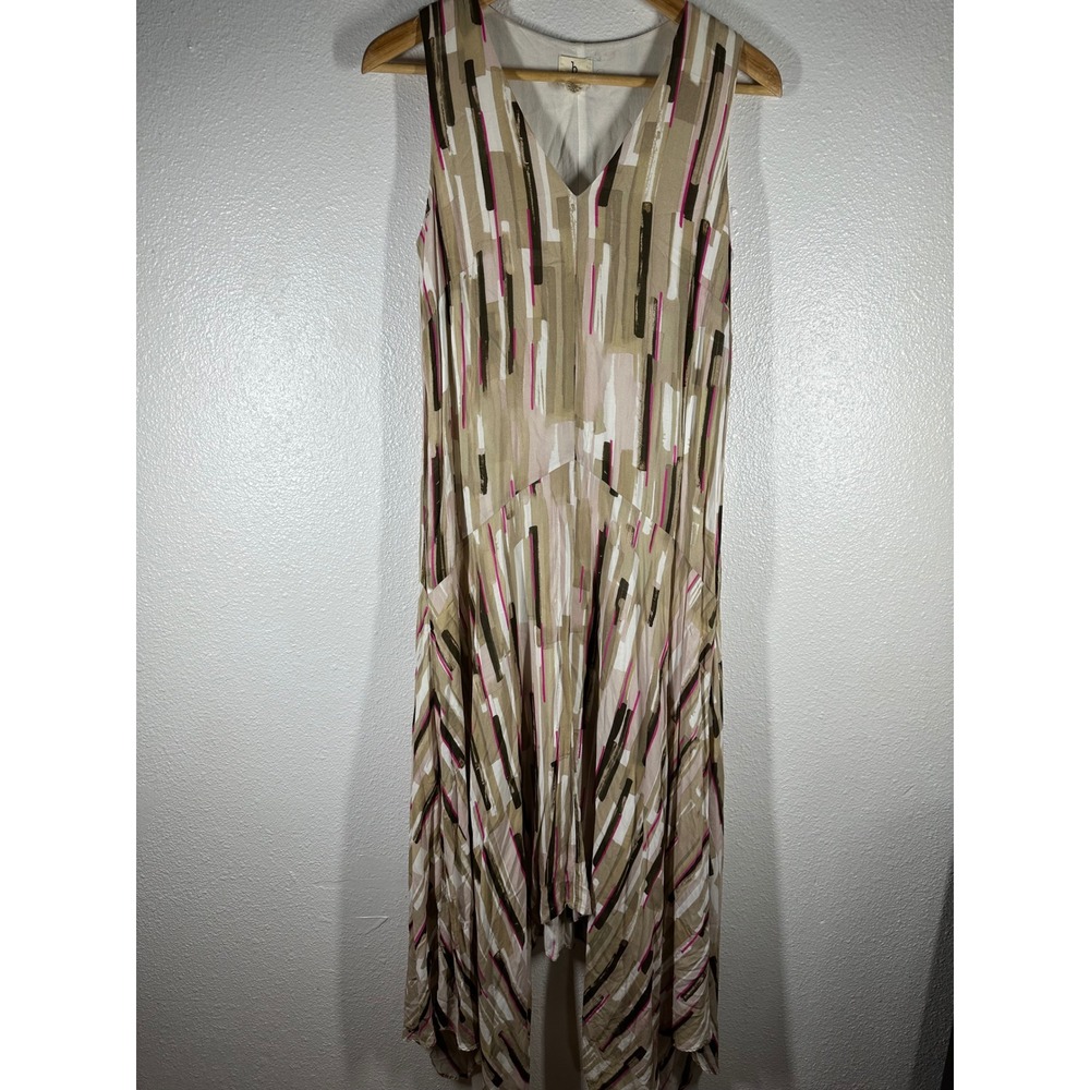 H by Halston Dress Womens 4 Tan Pink Abstract Handkerchief Hem V-Neck Sleeveless